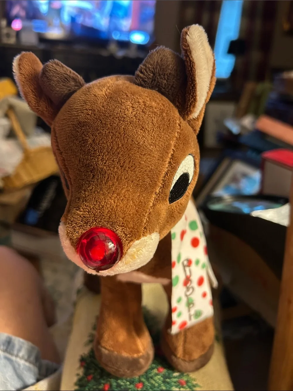 Plush Brown Reindeer Holiday Accent Festive Polka-Dot Scarf &.Bright Red Nose